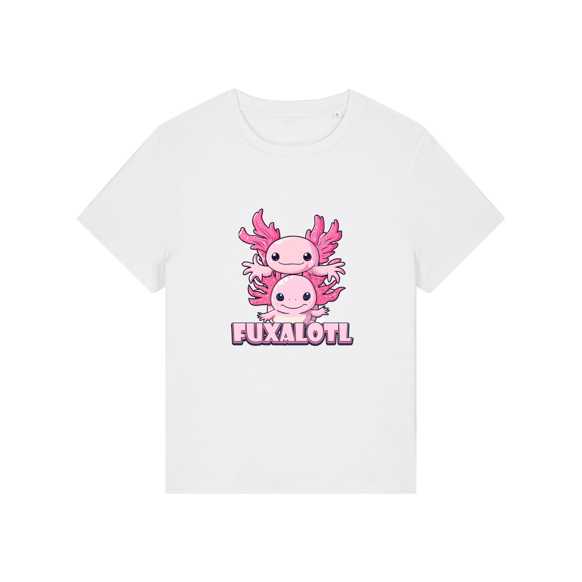 white kawaii t-shirt with pink axolotl design and 'Fuxalotl' text 