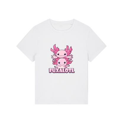 white kawaii t-shirt with pink axolotl design and 'Fuxalotl' text 