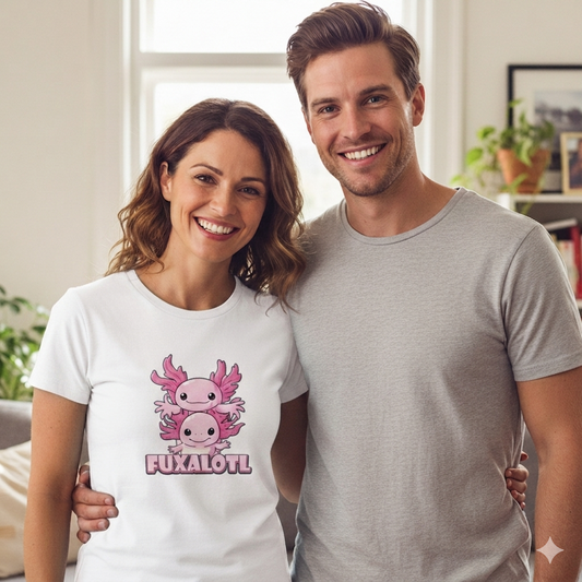 woman stood next to a man wearing a white kawaii t-shirt with an axolotl design