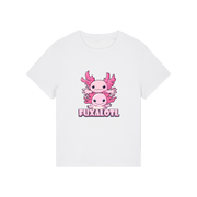 white kawaii t-shirt with pink axolotl design and 'Fuxalotl' text 
