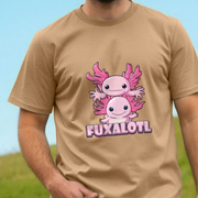 Beige funny kawaii t-shirt with a couple of canoodling cartoon axolotls and 'Fuxalotl' text on a grassy background