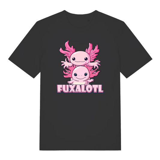 black kawaii t-shirt with the graphic of two axolotl and the slogan 'fuxalotl'