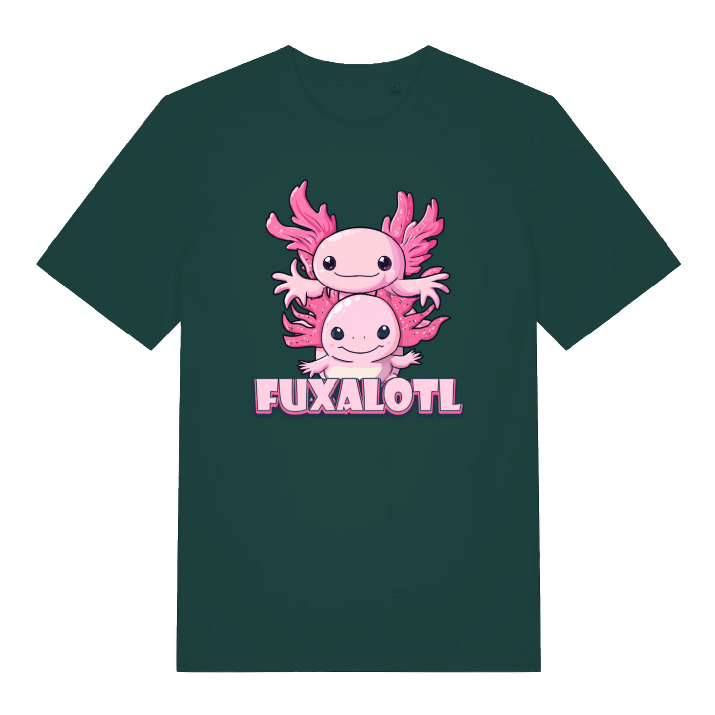 green kawaii t-shirt with the graphic of two axolotl and the slogan 'fuxalotl'