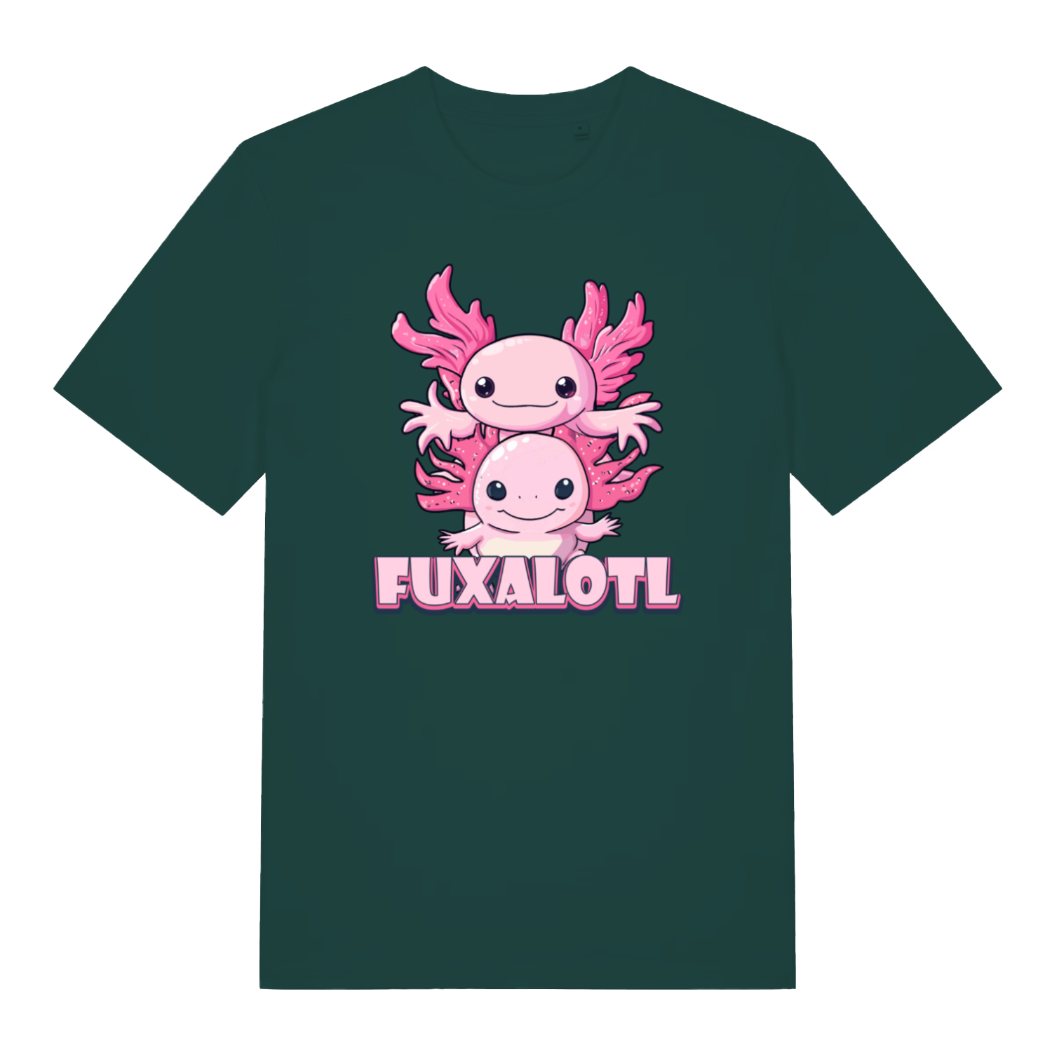 green kawaii t-shirt with the graphic of two axolotl and the slogan 'fuxalotl'