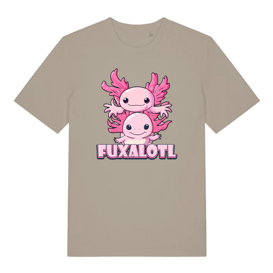 stone kawaii t-shirt with the graphic of two axolotl and the slogan 'fuxalotl'