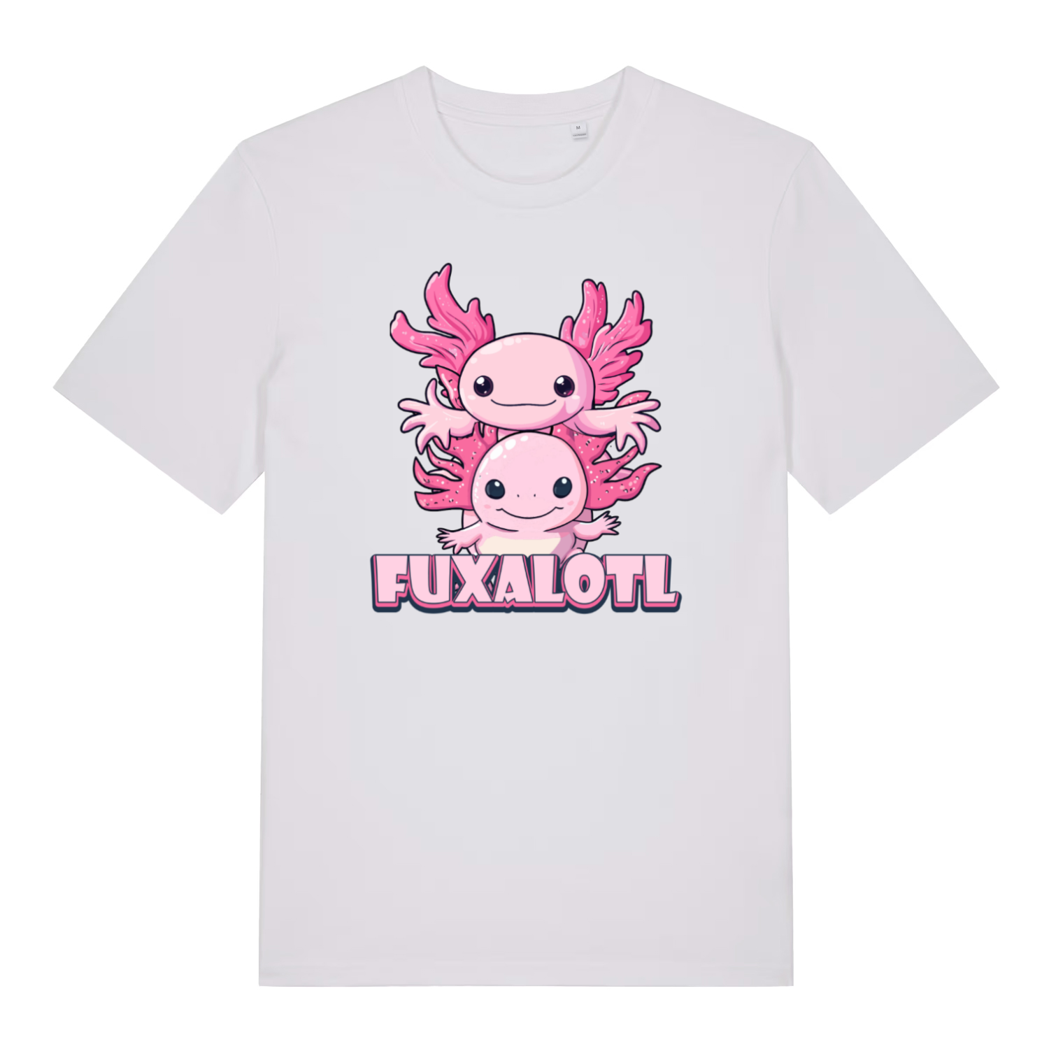 white kawaii t-shirt with the graphic of two axolotl and the slogan 'fuxalotl'