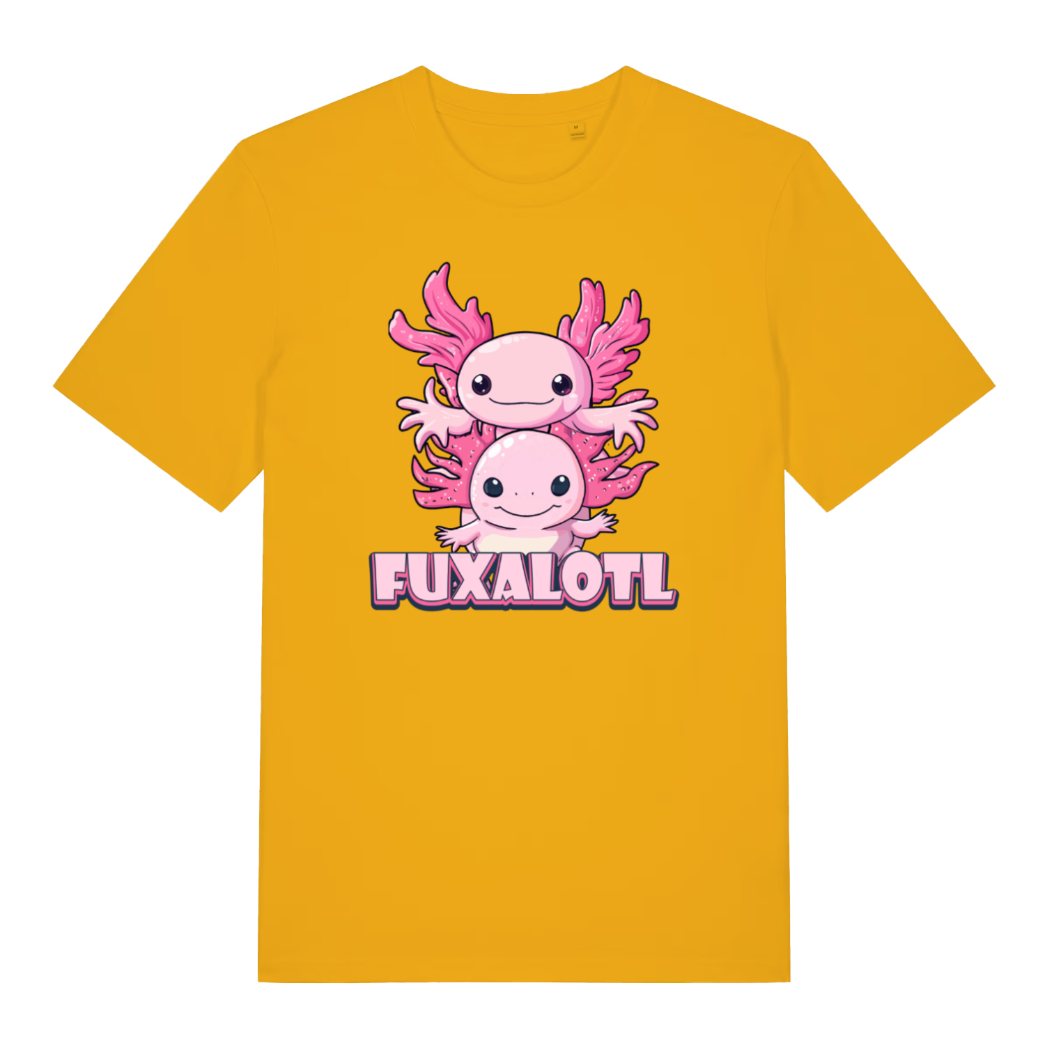 yellow kawaii t-shirt with the graphic of two axolotl and the slogan 'fuxalotl'
