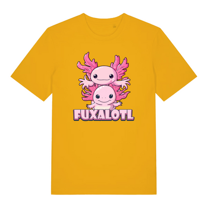 yellow kawaii t-shirt with the graphic of two axolotl and the slogan 'fuxalotl'