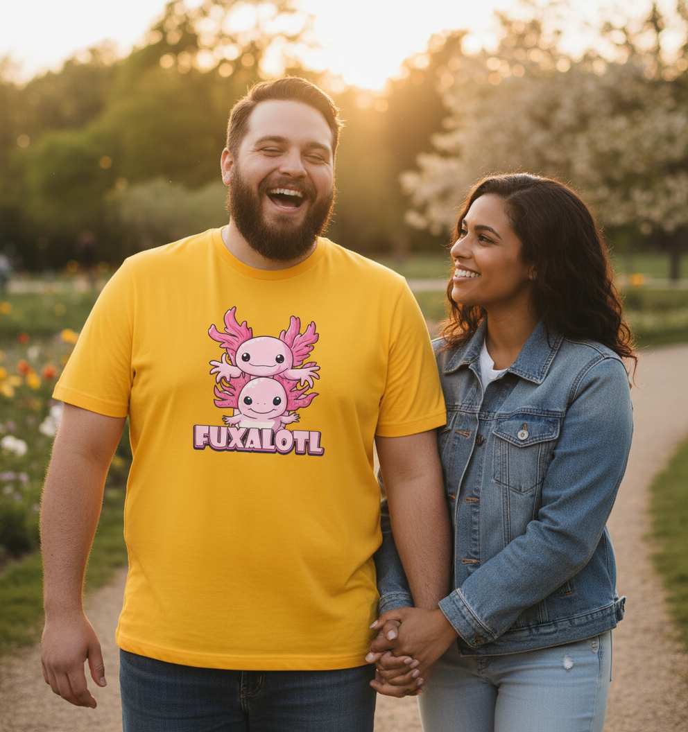 Man wearing a yellow t-shirt with 'Fuxalotl' design and woman in denim jacket standing outdoors.