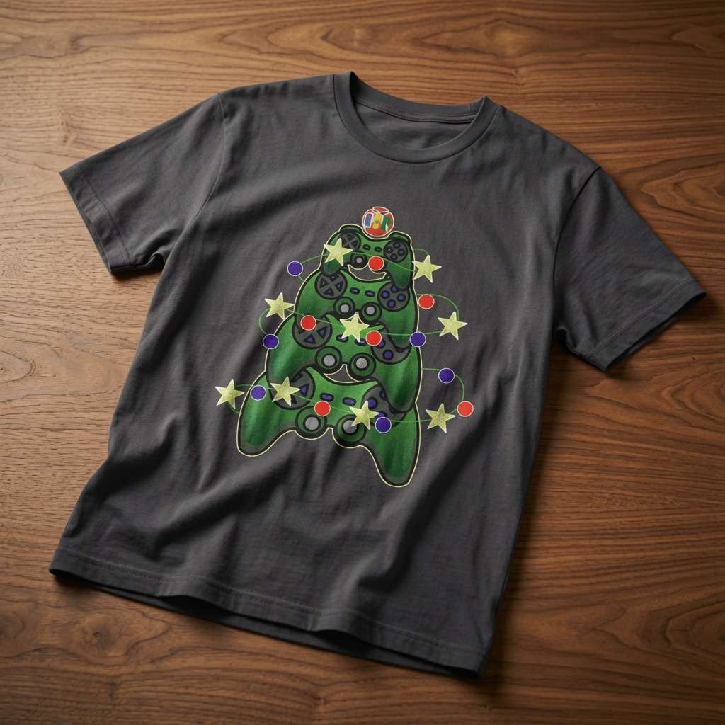 A dark gray crewneck t-shirt laid flat on a wooden surface, featuring a graphic of a Christmas tree made from a video game controller with colorful lights and stars.