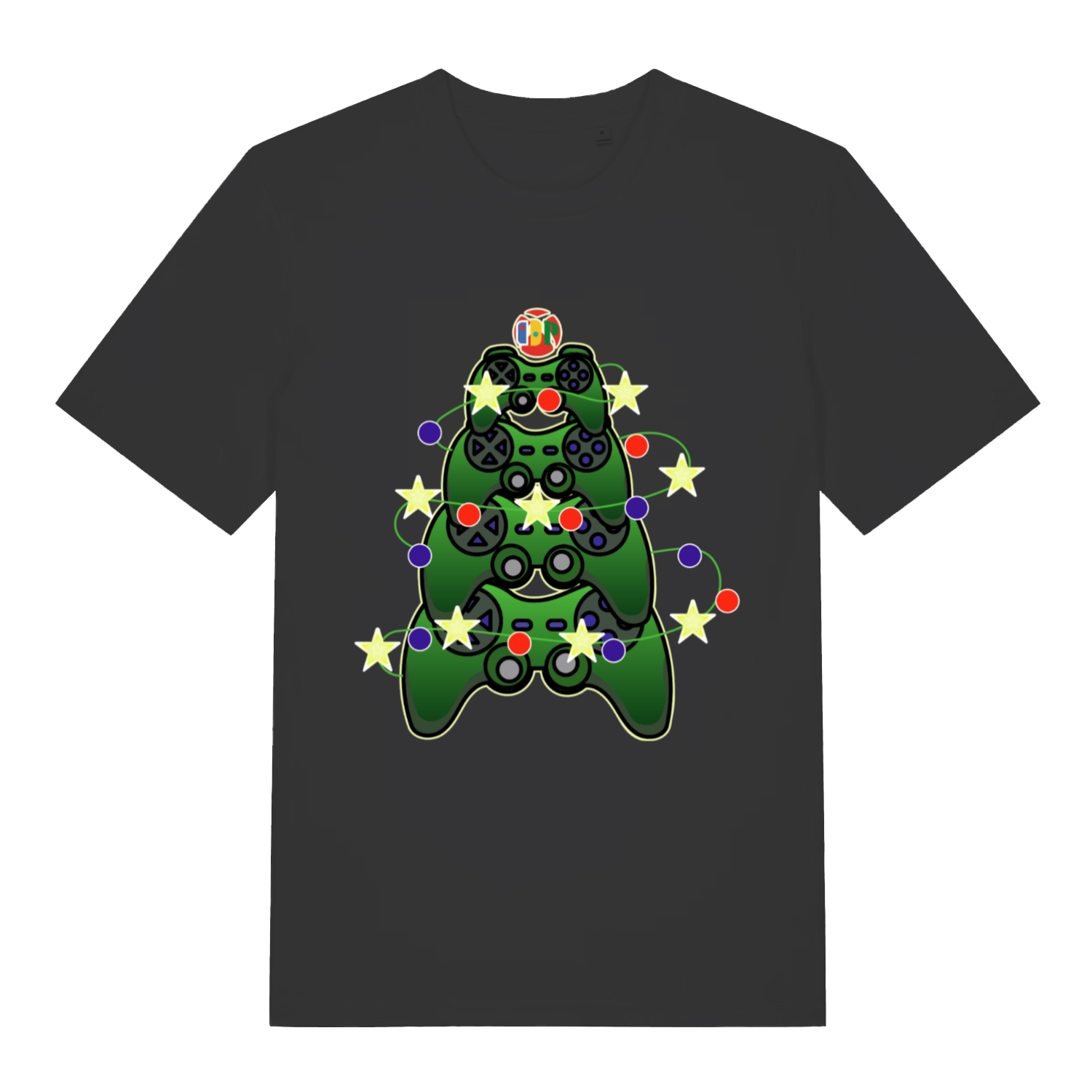 Black Gamers Christmas T-shirt flat lay with gaming controllers Christmas tree graphic