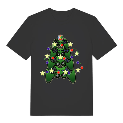 Black Gamers Christmas T-shirt flat lay with gaming controllers Christmas tree graphic