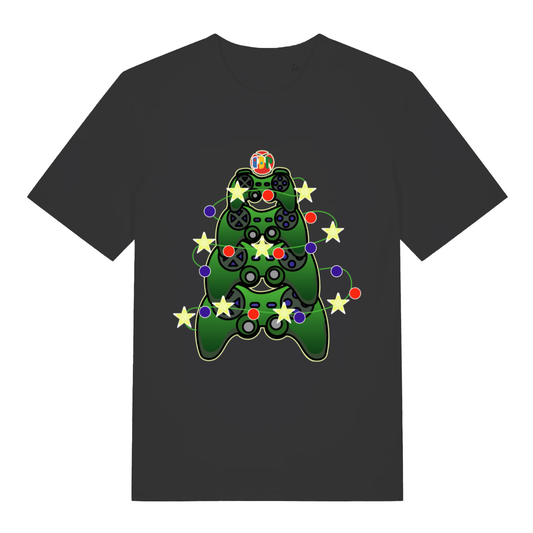 Black Gamers Christmas T-shirt flat lay with gaming controllers Christmas tree graphic