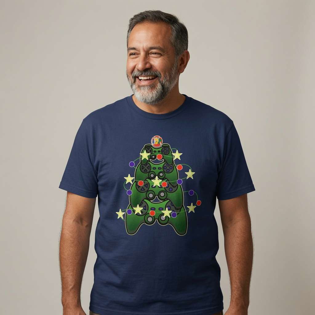 A smiling man with a gray beard wearing a navy blue t-shirt with a green Christmas tree game controller graphic, standing against a plain beige background.