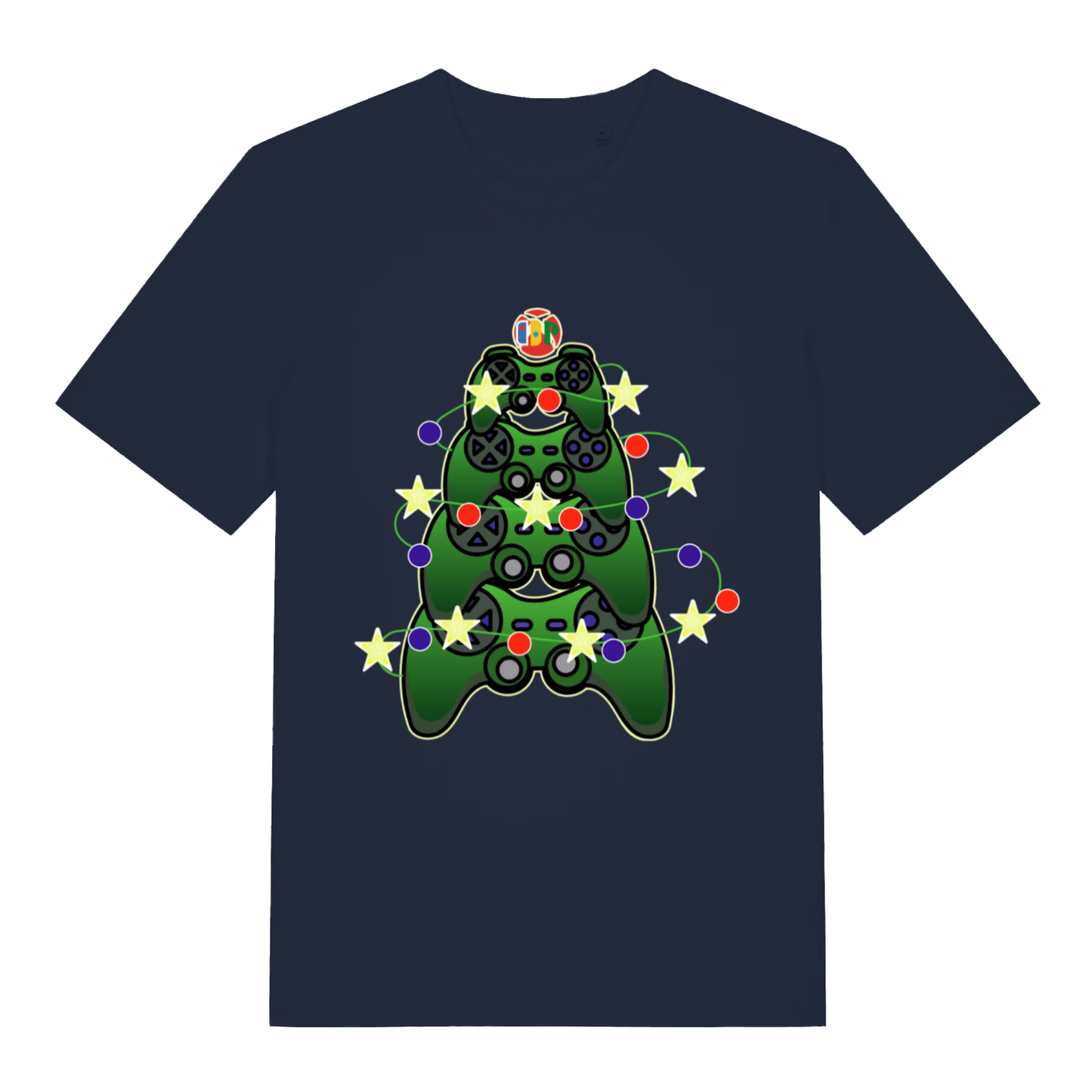 French Navy Gamers Christmas T-shirt flat lay featuring funny stacked controllers design
