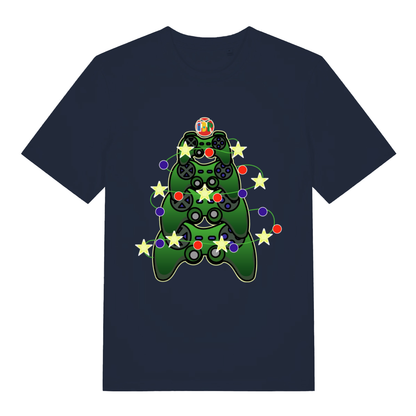 French Navy Gamers Christmas T-shirt flat lay featuring funny stacked controllers design