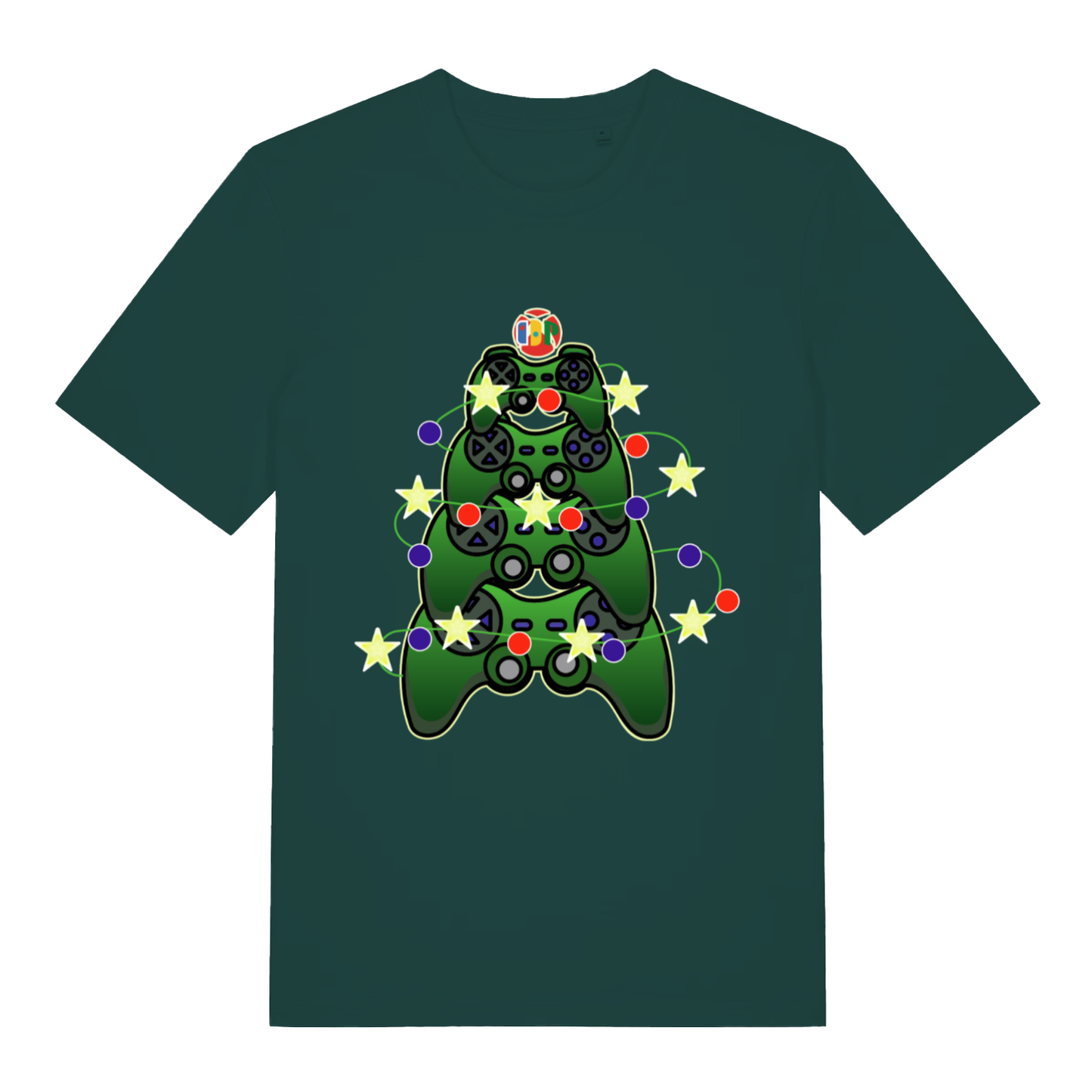 Glazed Green Gamers Christmas T-shirt flat lay showing controller Christmas tree with lights
