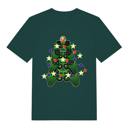 Glazed Green Gamers Christmas T-shirt flat lay showing controller Christmas tree with lights