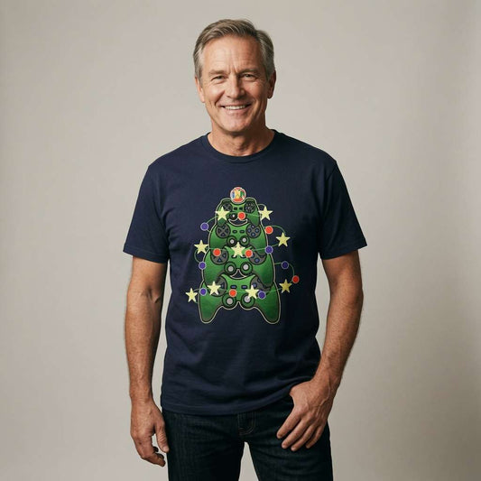 A smiling man wearing a navy blue t-shirt with a green Christmas tree game controller graphic, paired with dark jeans, standing against a neutral light gray background.