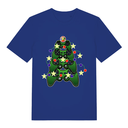 Worker Blue Gamers Christmas T-shirt flat lay with gaming console controller tree illustration