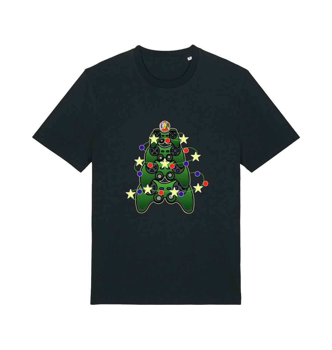 Black xmas t-shirt with a colourful Christmas tree graphic 