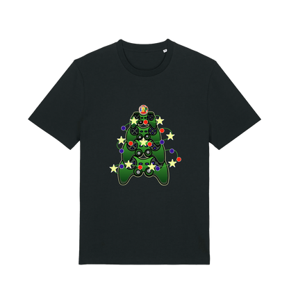 Black xmas t-shirt with a colourful Christmas tree graphic 