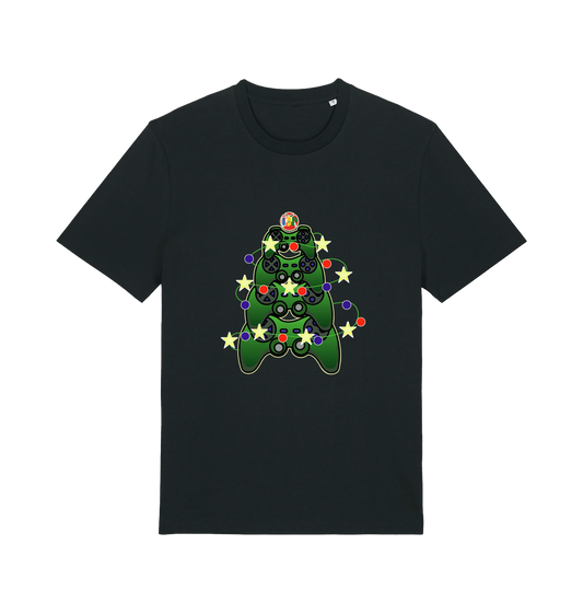 Black xmas t-shirt with a colourful Christmas tree graphic 