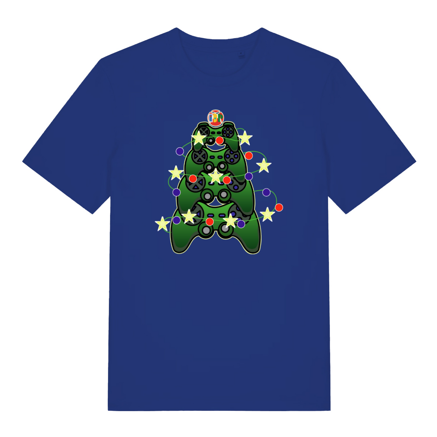 blue xmas t-shirt with the graphic of game controllers stacked like a christmas tree with lights wrapped around them