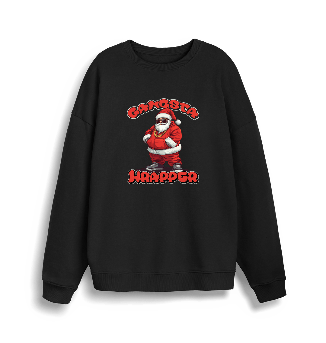 black xmas sweater with the graphic of santa dressed as a gangster and the slogan 'gangsta wrapper'