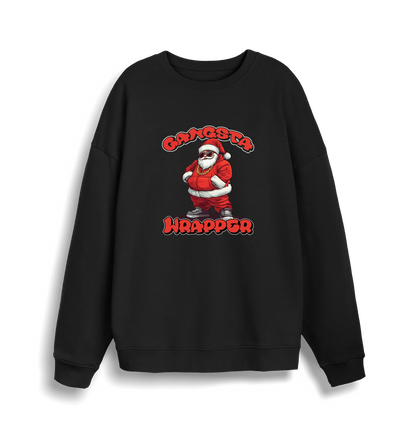 black xmas sweater with the graphic of santa dressed as a gangster and the slogan 'gangsta wrapper'