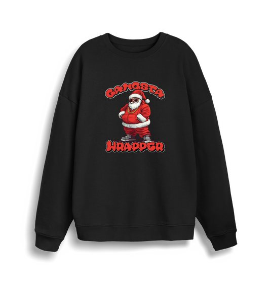 black xmas sweater with the graphic of santa dressed as a gangster and the slogan 'gangsta wrapper'