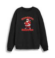 black xmas sweater with the graphic of santa dressed as a gangster and the slogan 'gangsta wrapper'