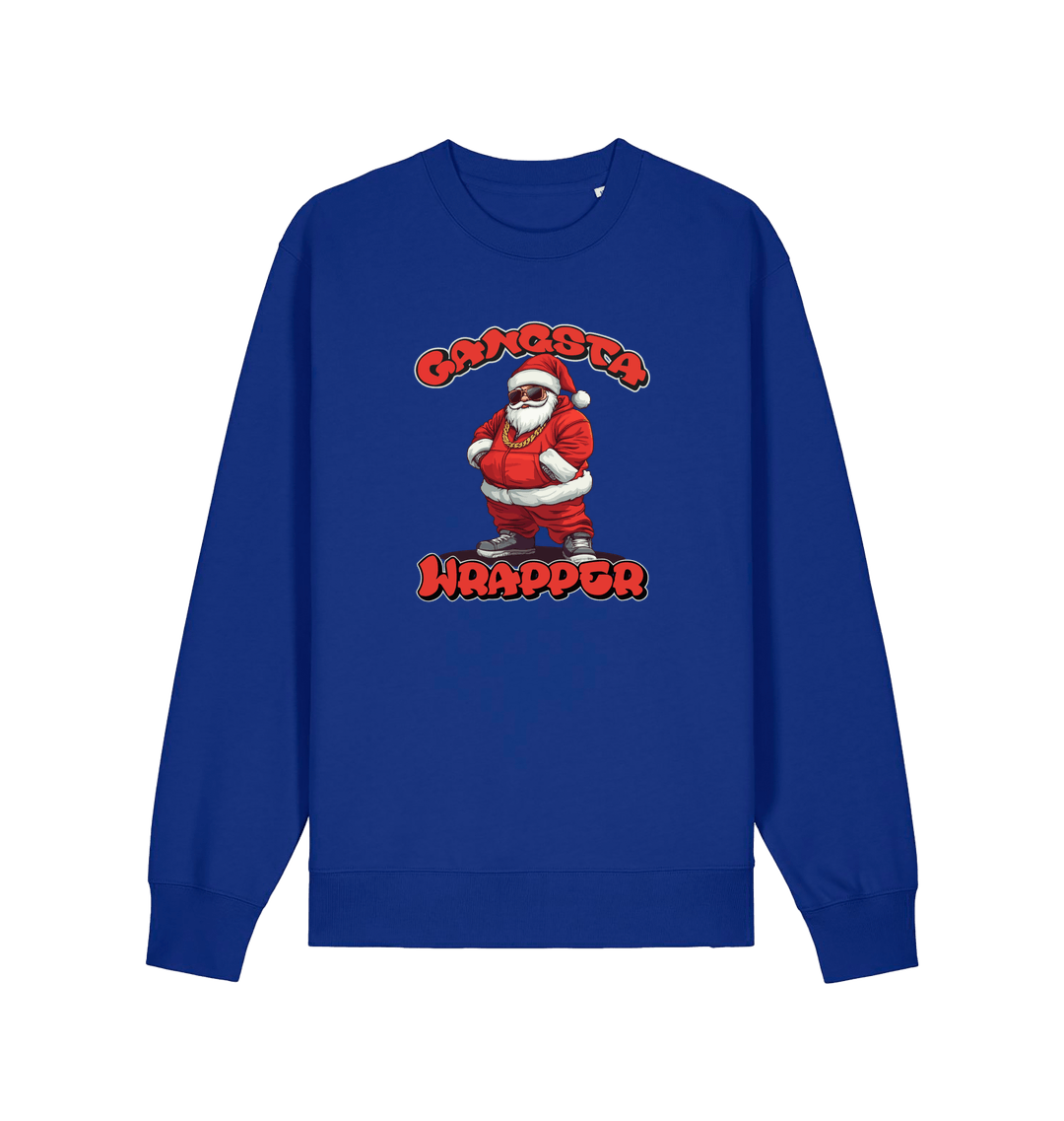 blue xmas sweater with the graphic of santa dressed as a gangster and the slogan 'gangsta wrapper'
