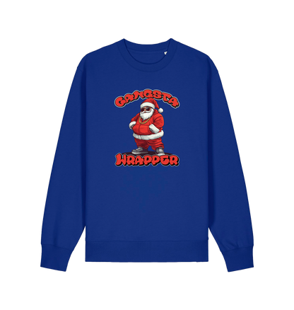blue xmas sweater with the graphic of santa dressed as a gangster and the slogan 'gangsta wrapper'