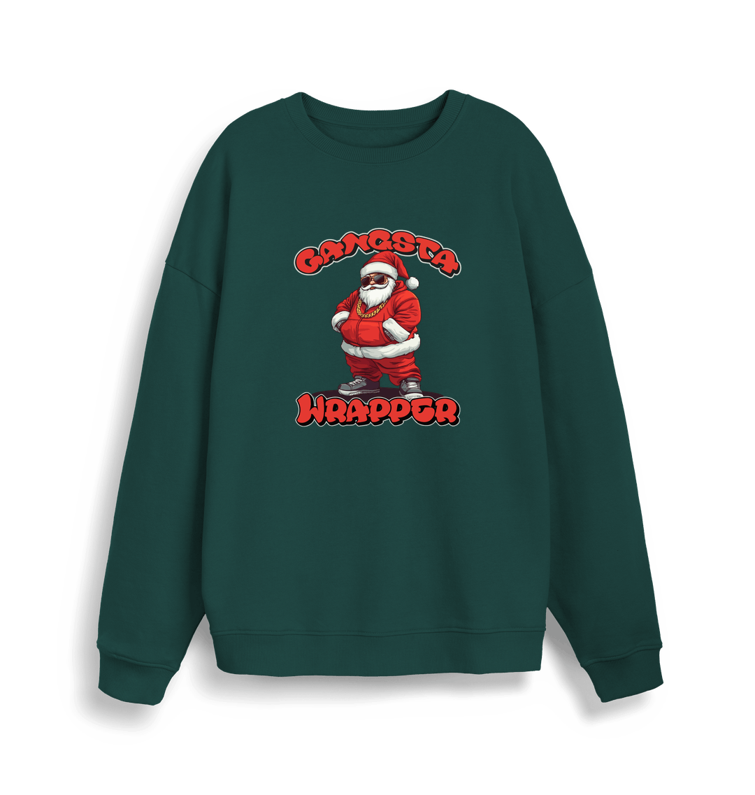 green xmas sweater with the graphic of santa dressed as a gangster and the slogan 'gangsta wrapper'