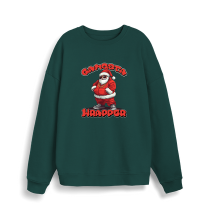 green xmas sweater with the graphic of santa dressed as a gangster and the slogan 'gangsta wrapper'