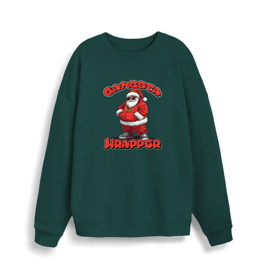 green xmas sweater with the graphic of santa dressed as a gangster and the slogan 'gangsta wrapper'