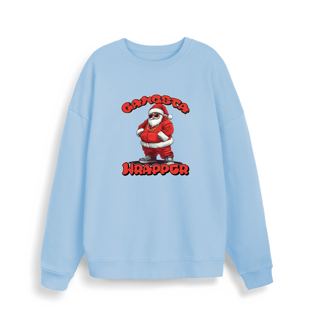 light blue  xmas sweater with the graphic of santa dressed as a gangster and the slogan 'gangsta wrapper'