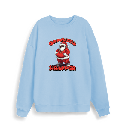 light blue  xmas sweater with the graphic of santa dressed as a gangster and the slogan 'gangsta wrapper'