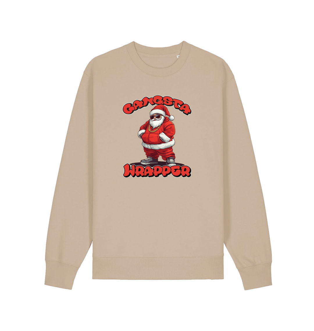 sand xmas sweater with the graphic of santa dressed as a gangster and the slogan 'gangsta wrapper'