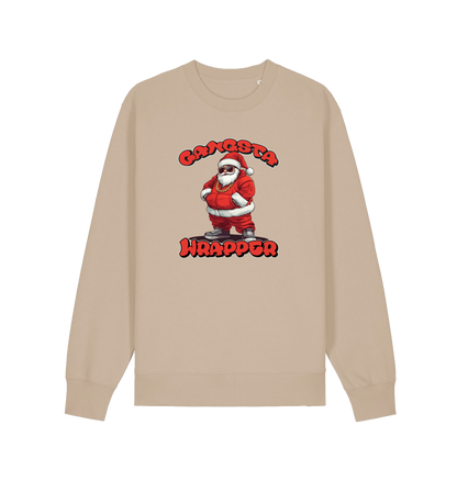 sand xmas sweater with the graphic of santa dressed as a gangster and the slogan 'gangsta wrapper'