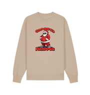 sand xmas sweater with the graphic of santa dressed as a gangster and the slogan 'gangsta wrapper'