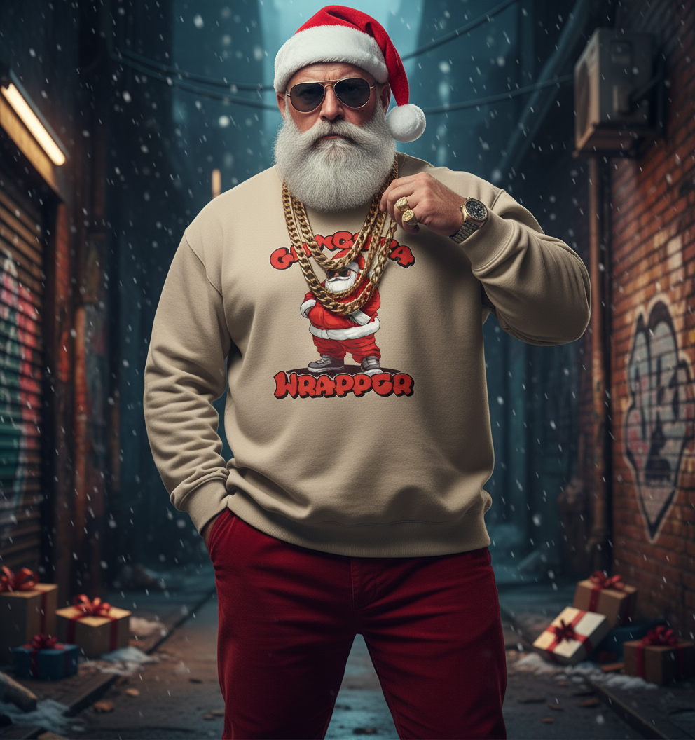 Person wearing a beige sweatshirt with a graphic design, sunglasses, and a Santa hat in an urban setting.