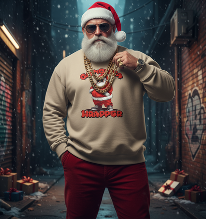 Person wearing a beige sweatshirt with a graphic design, sunglasses, and a Santa hat in an urban setting.