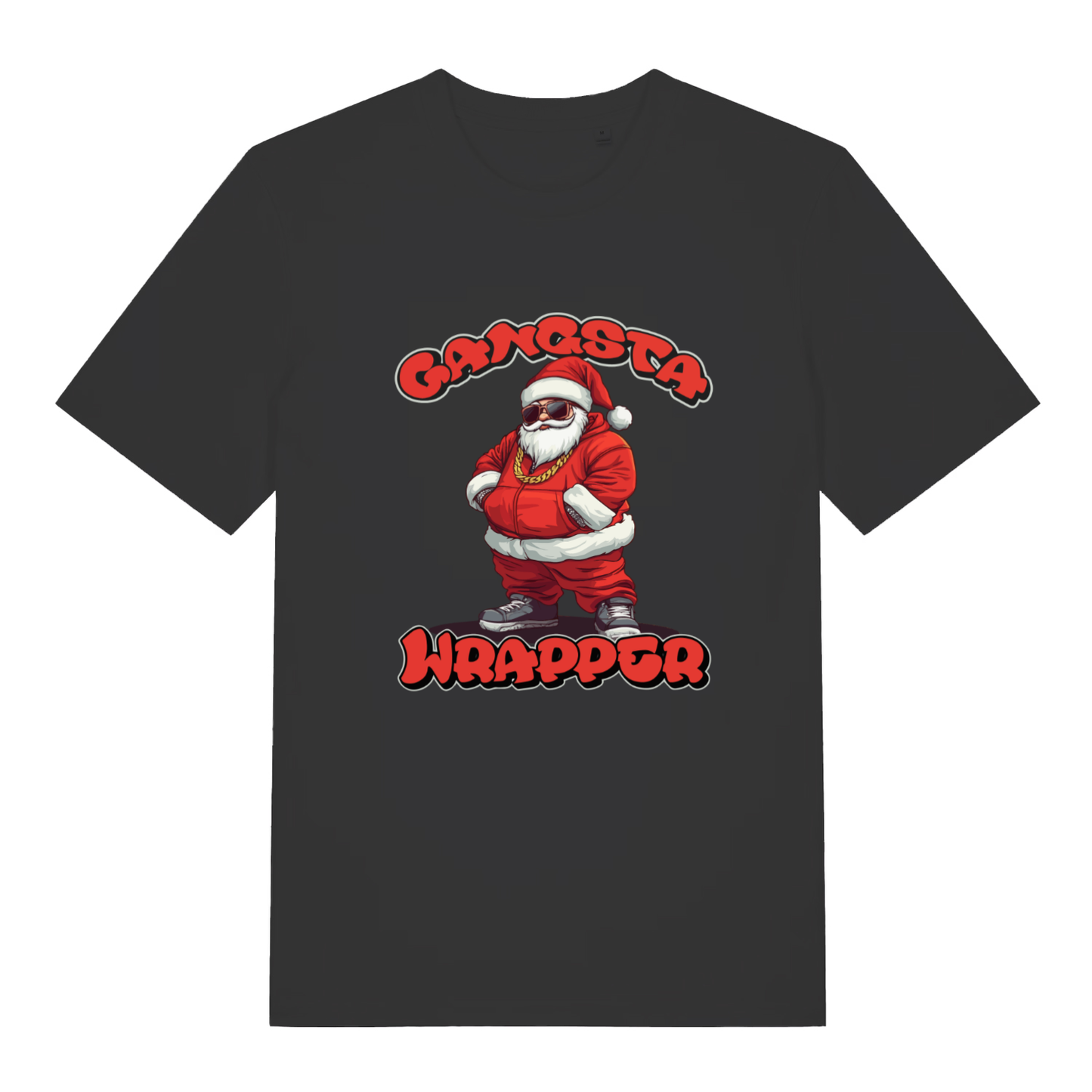 Black Gangsta Wrapper T-shirt flat lay with cool Santa in tracksuit "Gangsta Wrapper" graphic
