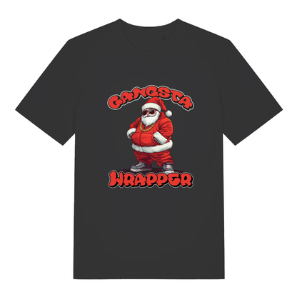 Black Gangsta Wrapper T-shirt flat lay with cool Santa in tracksuit "Gangsta Wrapper" graphic