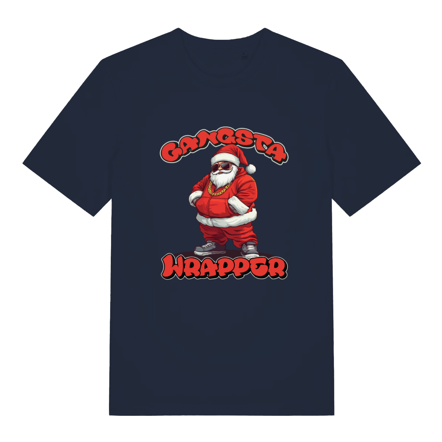 French Navy Gangsta Wrapper T-shirt flat lay featuring funny Gangsta Santa design