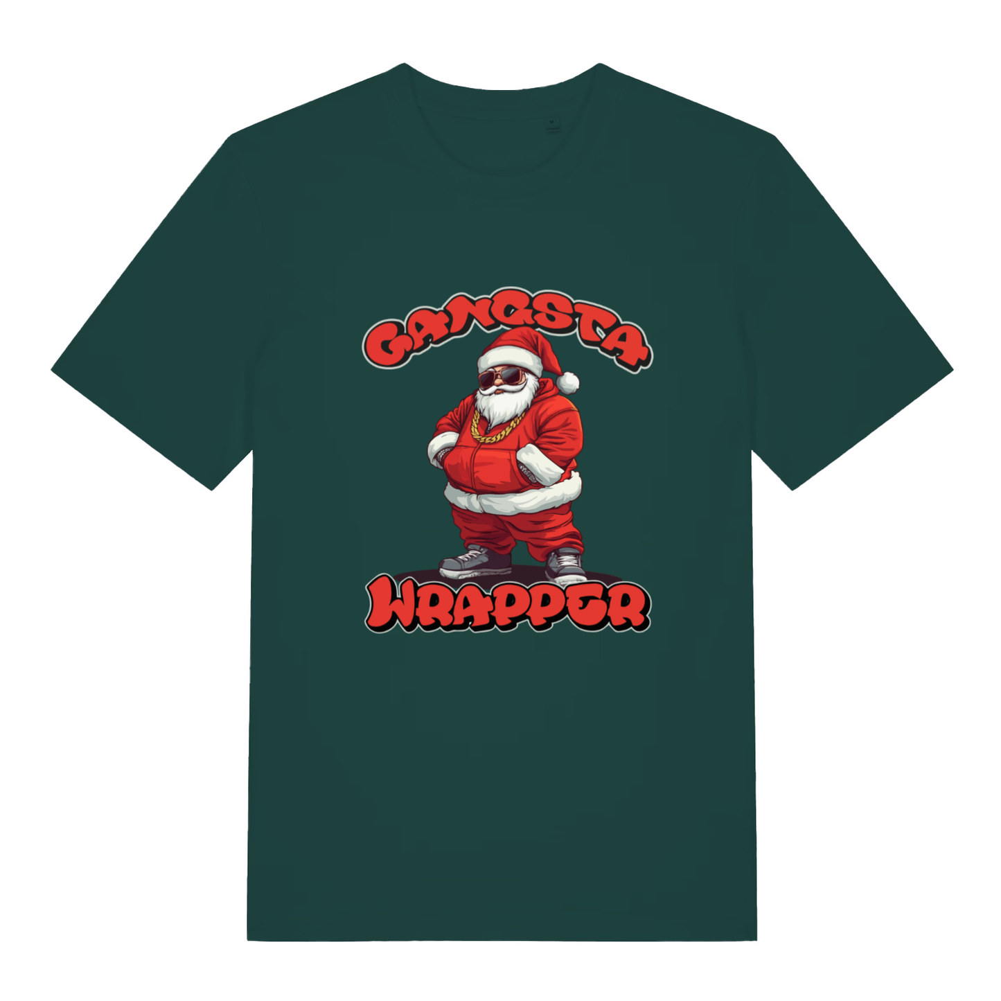 Glazed Green Gangsta Wrapper T-shirt flat lay showing Santa with chain "Gangsta Wrapper"