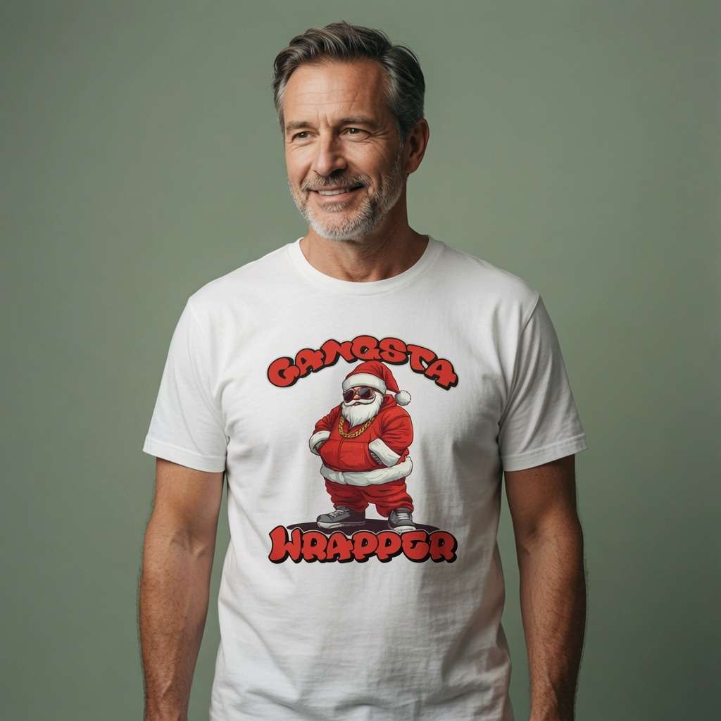 A smiling middle-aged man wearing a white graphic t-shirt with a cartoon Santa Claus and the text 'GANGSTA WRAPPER' in red, standing against a solid muted green-gray background.