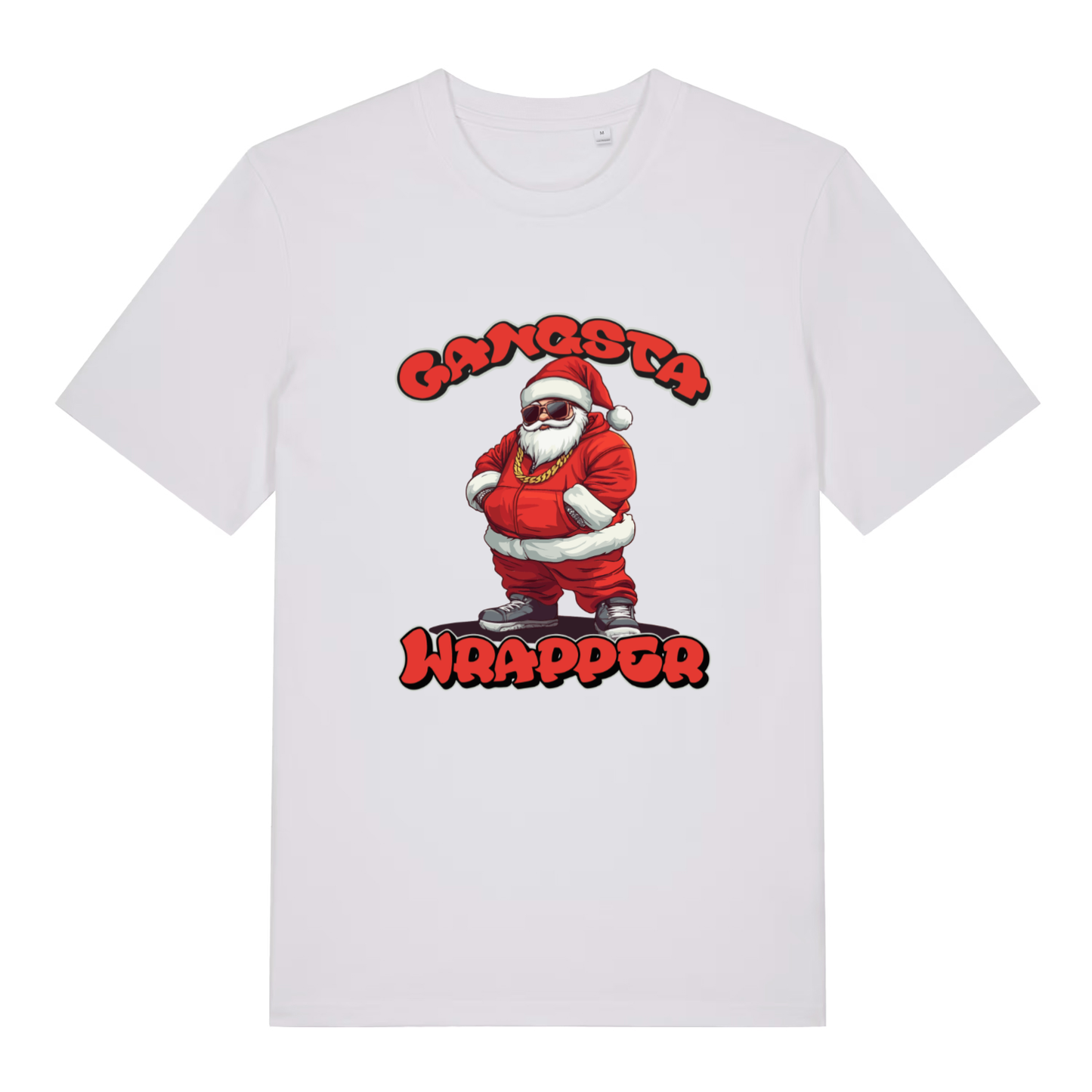White Gangsta Wrapper T-shirt flat lay with cool Christmas Gangsta Santa illustration